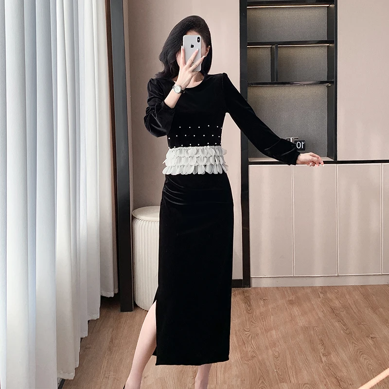 Black Velvet Two Piece Set New Autumn Pearls Beaded Hem Petal Long Sleeve O Neck Tops For Women Split Bodycon Midi Skirt Suits