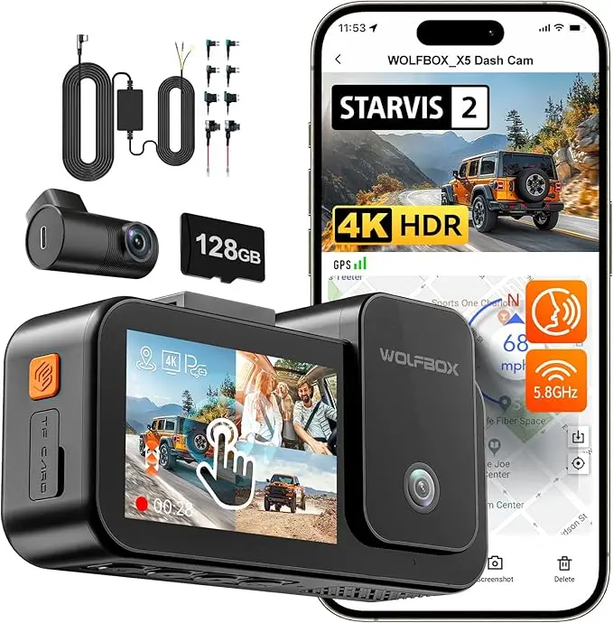 WOLFBOX X5 3-kanaals 4K Dashcam STARVIS 2 IMX678 4K+2.5K Voor- en Achter- en Binnenkamera Drievoudige Autocamera 5.8GHz WiFi Spiegel Auto DVR