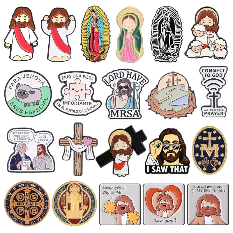Pins Esmaltados de Cruz Católica de Jesús, Virgen María de Guadalupe, Broches Religiosos Cristianos, Joyería de Regalo para Testigos de Jehová