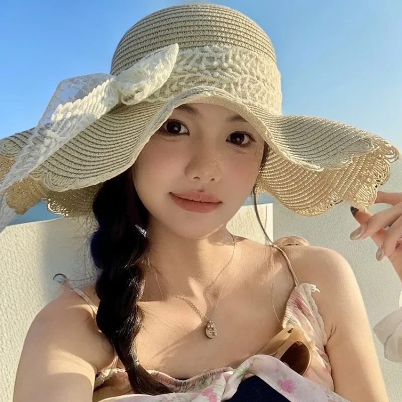 

Women's Summer Camping Popular Lace Straw Hat Summer Seaside Beach Sun Hat Outdoor Big Eaves Sun Protection Fashion Hats 2