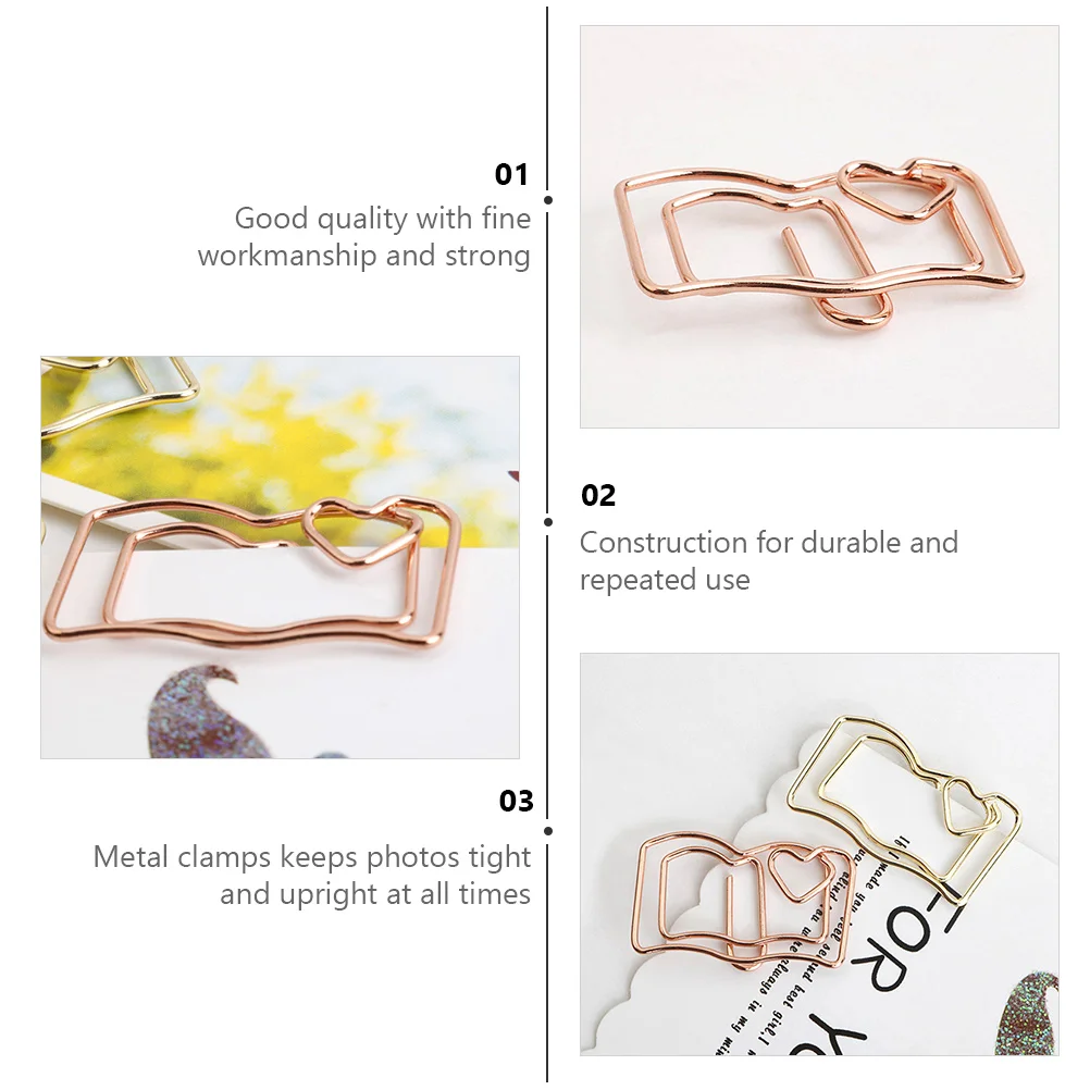 20 Pcs Scrapbooks Shaped Paper Clip Office Supplies Memo Clamps Photo Clips Bookmark Folder Ticket Holder Golden Heart Funny