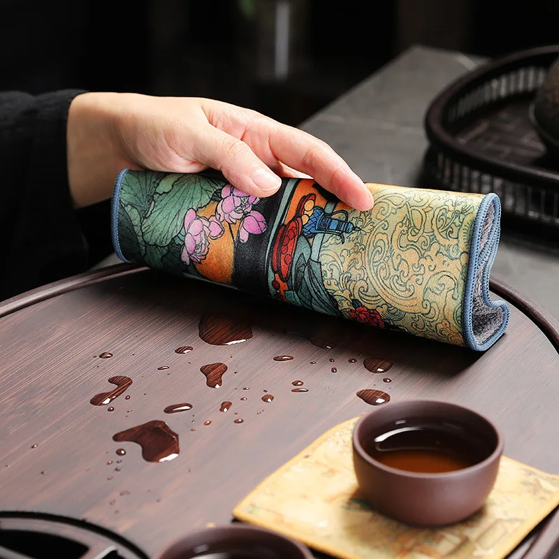 Chinese ancient style painted tea towel tea set strong absorbent thickening tea mat cotton velvet tea ceremony accessories