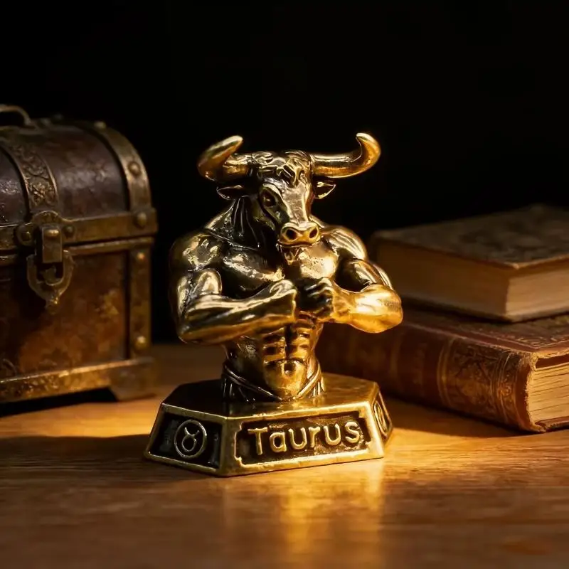 Vintage Brass 12 Constellation Figurines Rustic Style Fine Craft Ornament for Home Study Desk Decor Astrology Fans Gift