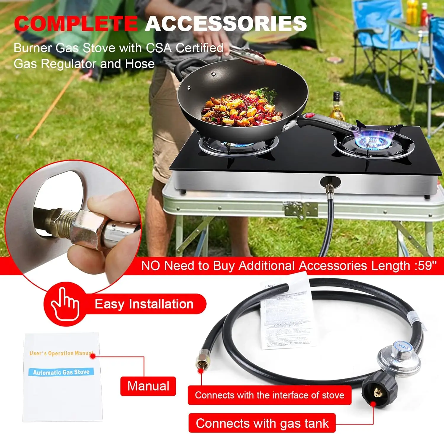 Propane Gas Cooktop 2 Burners Portable Stove with Auto Ignition for RV, Camping, Apartments