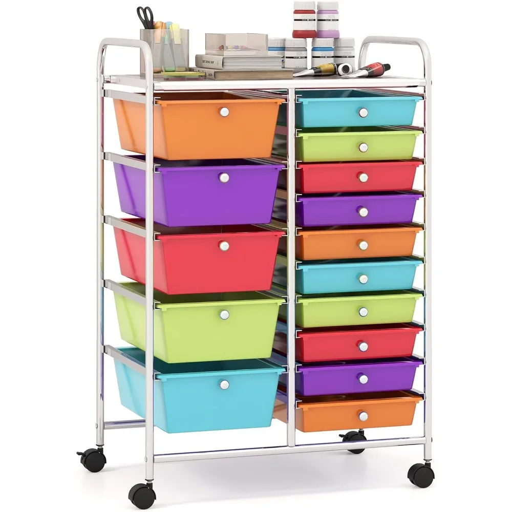 15-Drawer Organizer Cart Office School Storage Cart Rolling Drawer Cart for Tools, Scrapbook, Paper