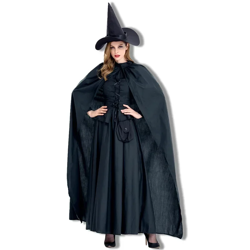 Damski kostium czarownicy zła dla dorosłych czarny z długim rękawem gorset w stylu sukienka Halloween kostiumy czarownic Cosplay