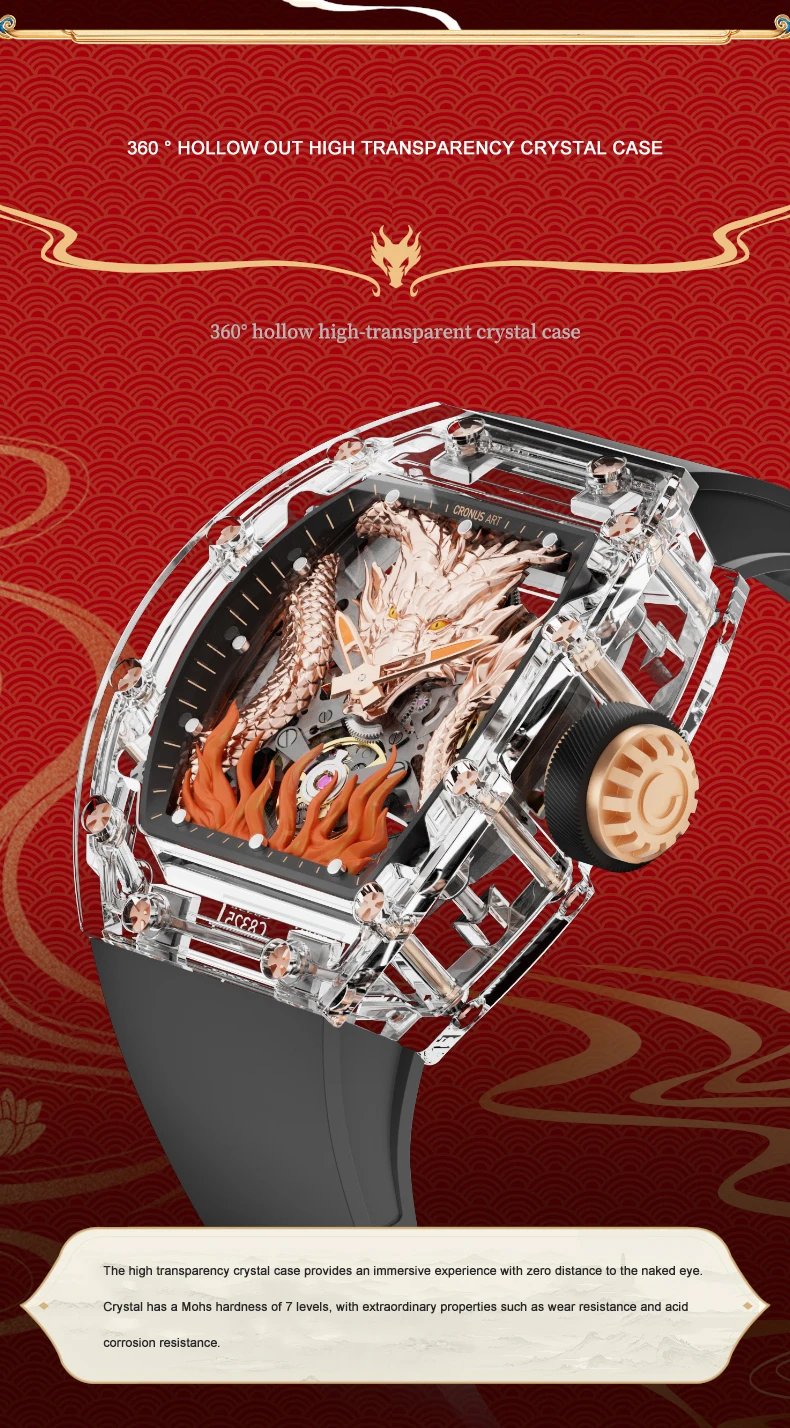 CRONUSART ساعة أوتوماتيكية للرجال 50 مللي متر * 42 مللي متر Tonneau ساعة اليد الميكانيكية علبة أكريليك مضيئة فلوروروبر حزام التنين الهاتفي