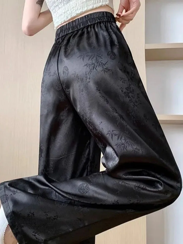 Women Satin Finish Loose Straight Pants Spring Fall Casual High Waist Pantalones 2024 Solid Streetwear Vintage Wide Leg Spodnie