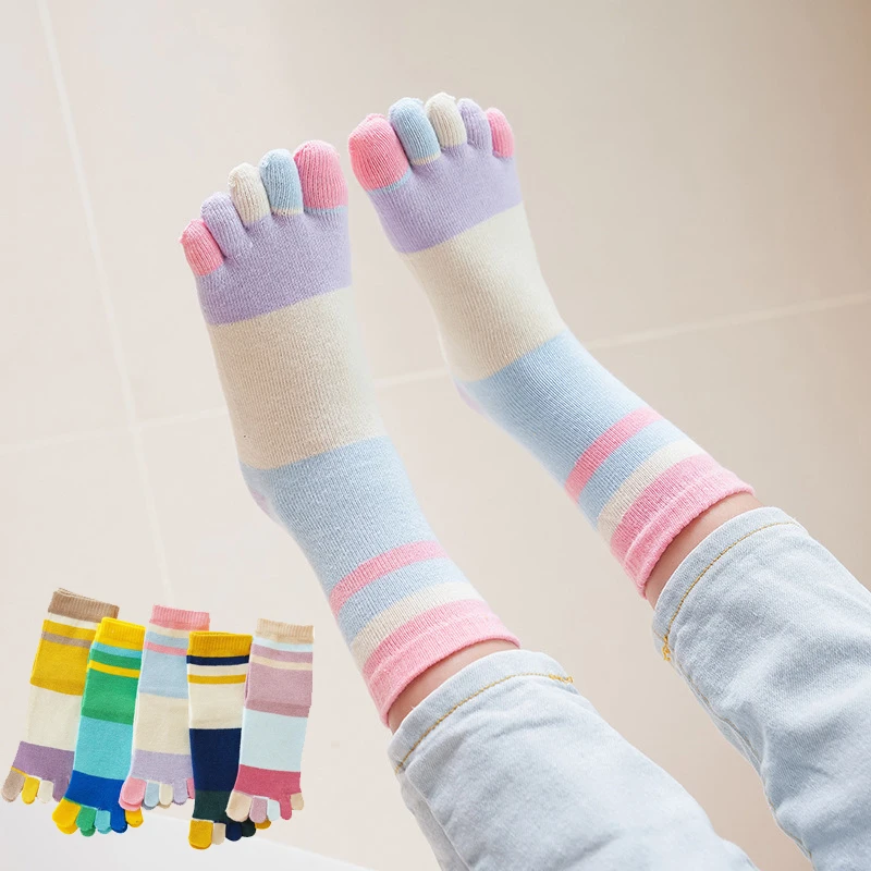 2-10T Cute Boys Girls Five Fingers Toe Socks Kids Colorful Stripe Cotton Short Socks Split Thumb Toe Socks for Children