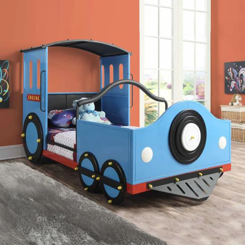 Litera para niños Thomas tren modelado doble cama de hierro forjado cama de coche para adolescentes azul cama para niños