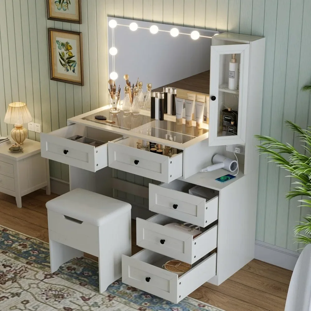 

Large Vanity Desk with LED Bulbs, Makeup Table Set with Glass Tabletop, Charging Station & Power Outlet, Adjustable Lighting