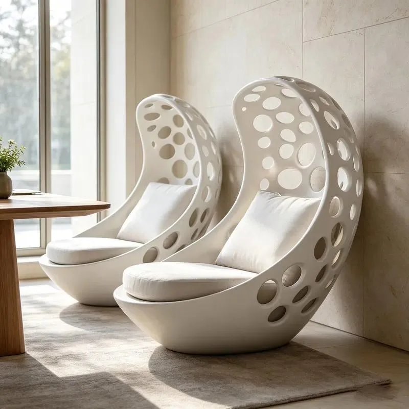 Hollow Perforated Fiberglass Egg Chair Curved Sculpture Seat Removable Beige Cushion White Modern Art Single Casual Furniture