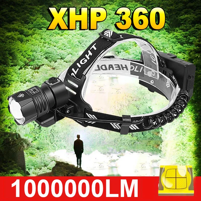 1000000LM XHP360 Powerful LED Headlamp USB Rechargeable Head Flashlight High Power LED Headlight 18650 Head Lamp Fishing Lantern