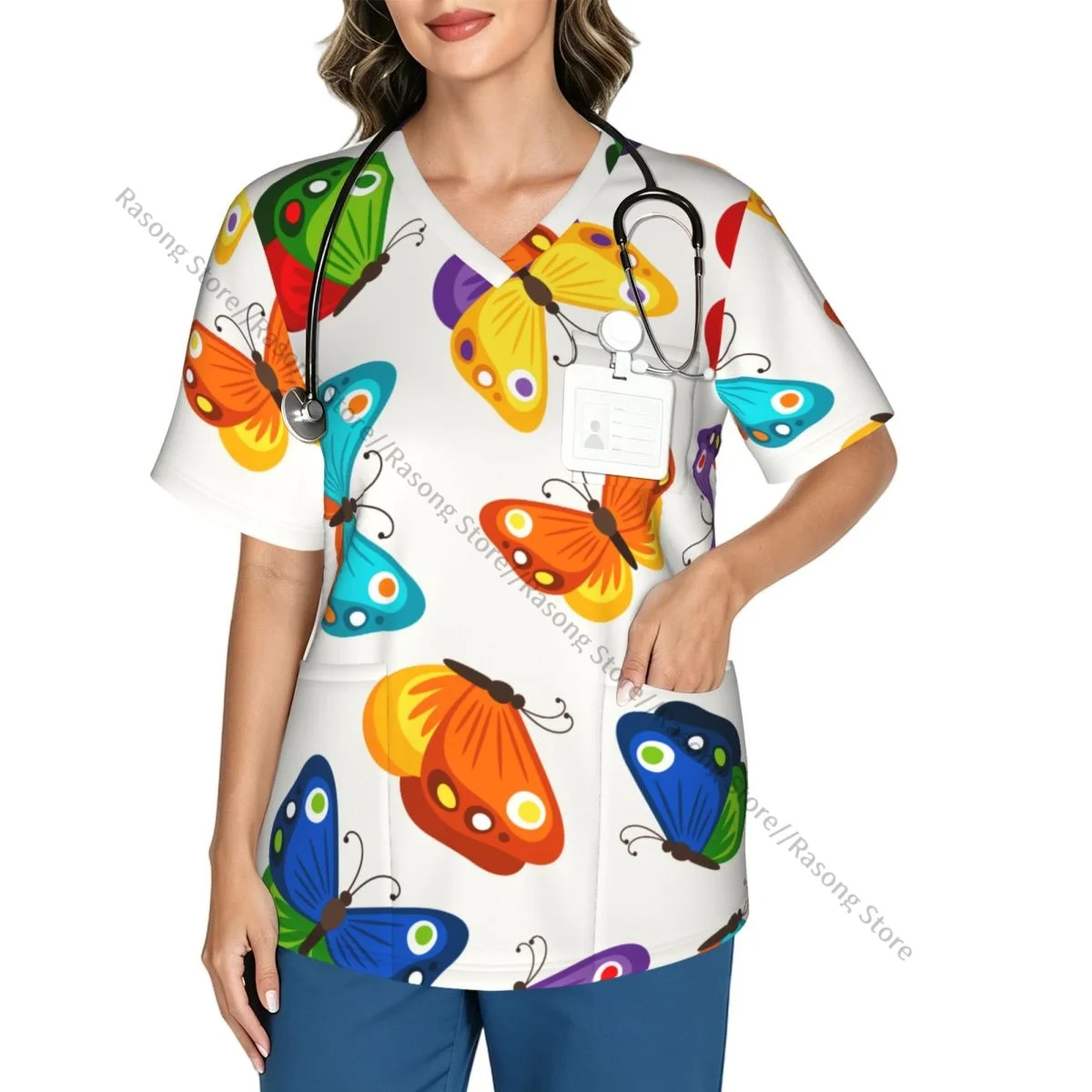 Women's Scrub Tops Short Sleeve Workwear Shirts Fitness Nursing Uniform Colorful Butterfly Pullover Doctor Nursing Shirt