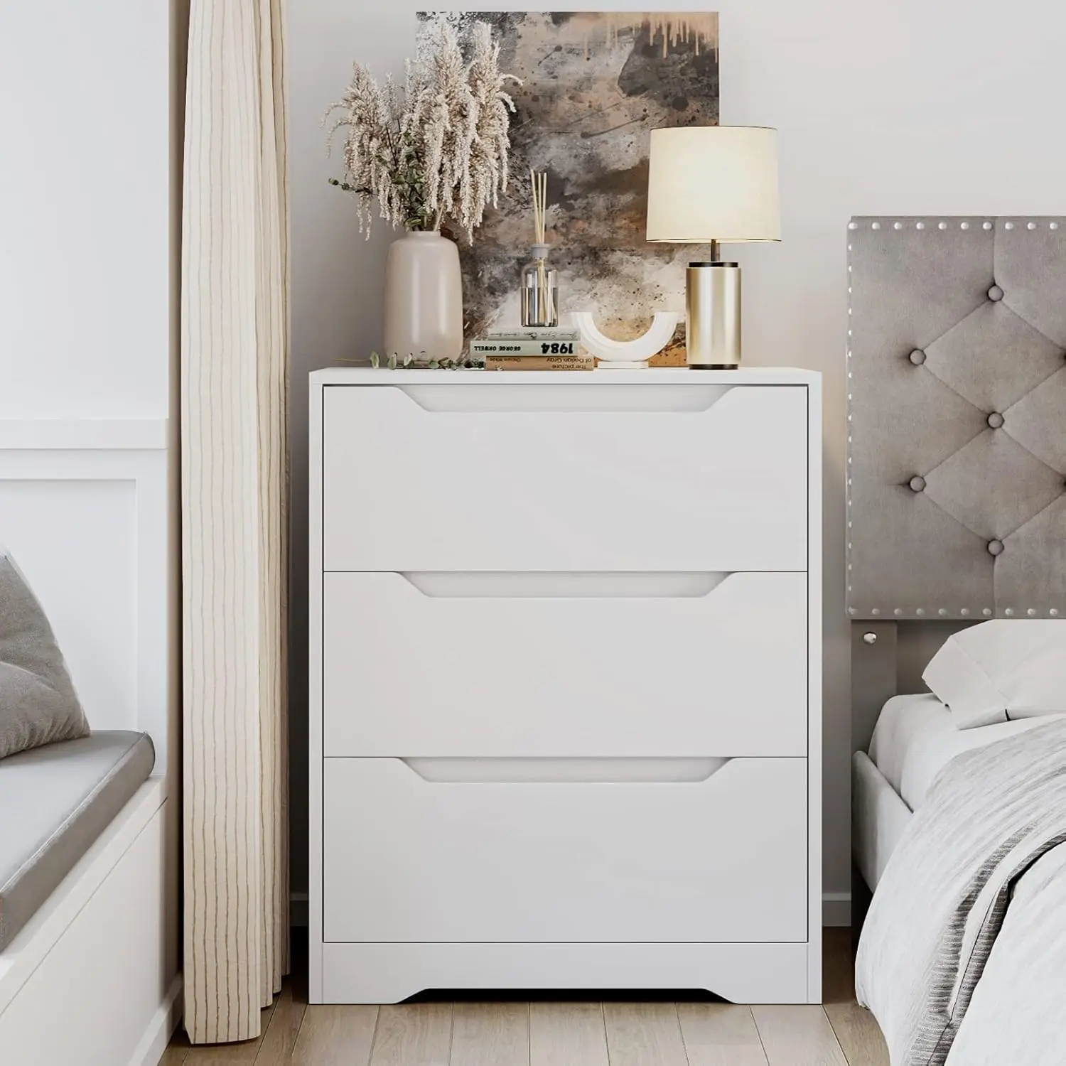 Modern 3 Drawer Dresser, Wood Chest of Drawers with Storage, Tall Nightstand with Cut-Out Handles, Side End Table, Accen