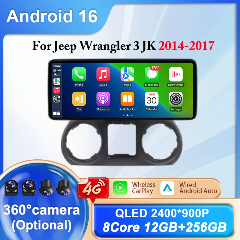 12.3 Inch For Jeep Wrangler 3 JK 2014-2017 12.3 Inch Android 16 Car GPS Navigation Multimedia Player Wireless Carplay Car Radio