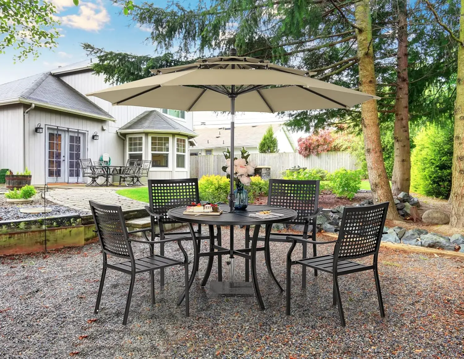 5 Pieces Patio Dining Set for 4 with 10ft Patio Umbrella, Metal Patio Circle Table