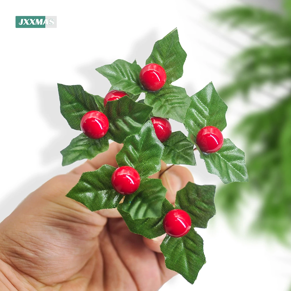 24PCS Artificial Holly Leaf Berry Red Cherry Small Fruit Silk Flower DIY Christmas Bouquets Wreath Wedding Party Home Decoration