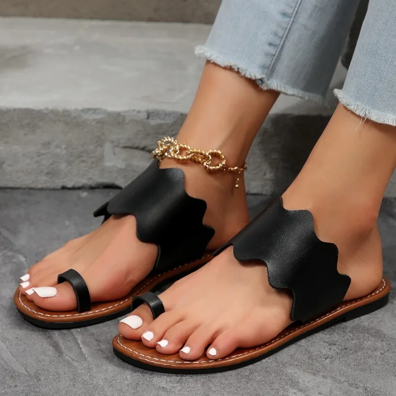 Women\'s Lightweight Toe Loop Sandals Summer PU Leather Luxury Sandals Woman Black Casual Flat Shoes Female Flip Flops Flats