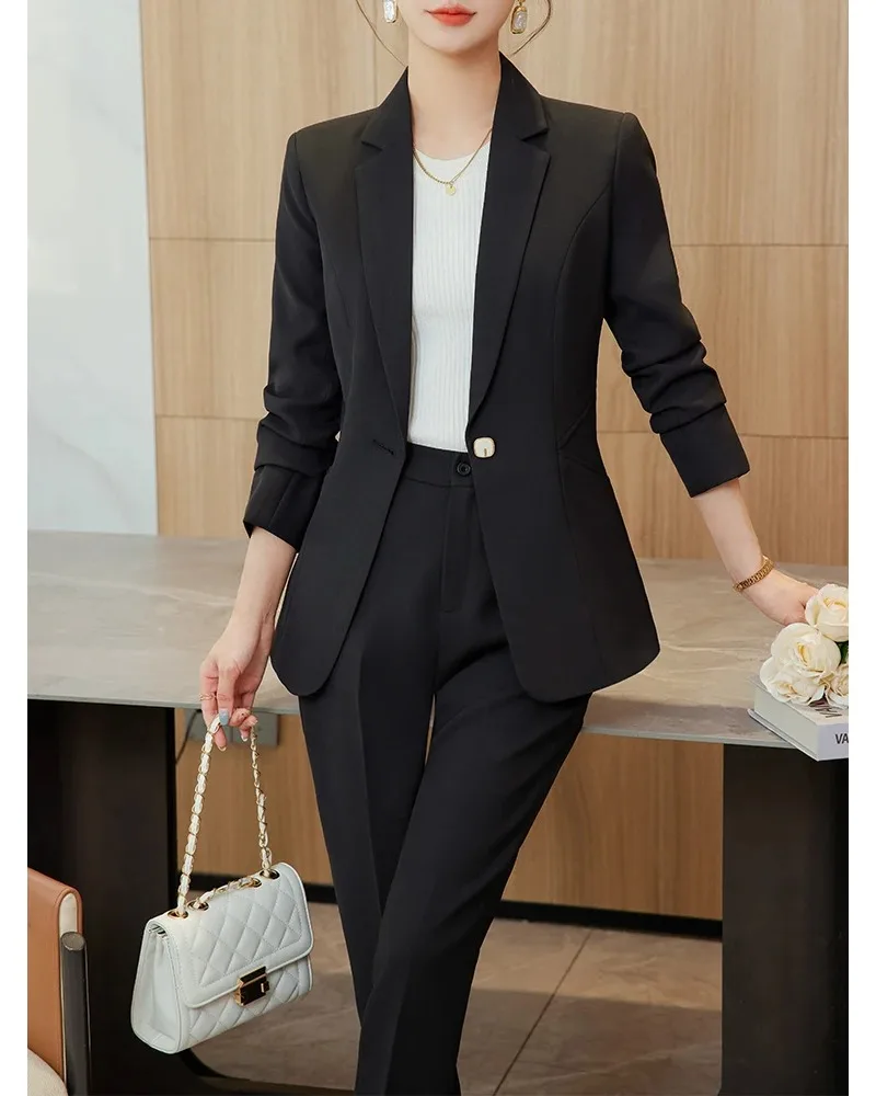 Women Office Ladies Blazer Pant Suit Female Business Work Wear Jacket+Trouser Green Blue Apricot Black Formal 2 Piece Set Coat