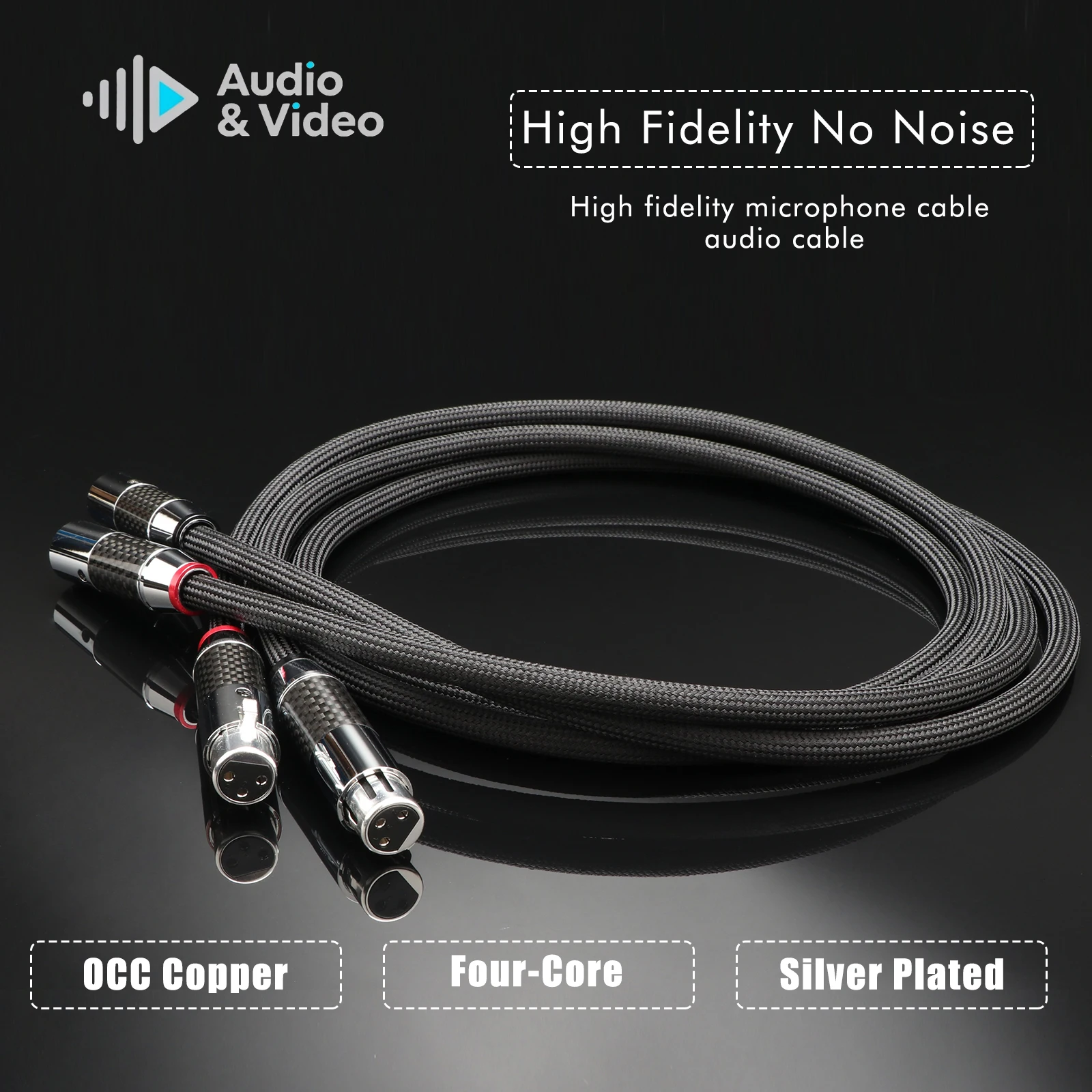 Hifi XLR-Kabel 6N OCC Silberbeschichtetes XLR-Buchsenkabel, Schwarzes Nylon-Geflecht mit Carbonfaser-Stecker, Audiophiles Symmetrisches Kabel – Detail 4