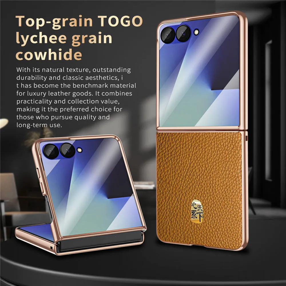 

Чехол премиум-класса из воловьей кожи Togo со стеклянной пленкой для Samsung Galaxy Z Flip7 6 5 Magsafe Cover