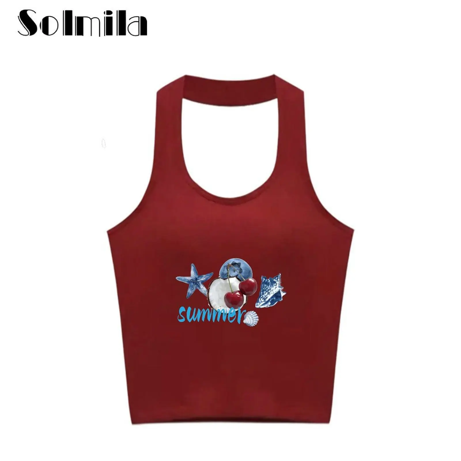 

Casual Summer Tops Claret Halter Tops Casual Outings Applicable For Daily Wear Halter Style For Daily Activities