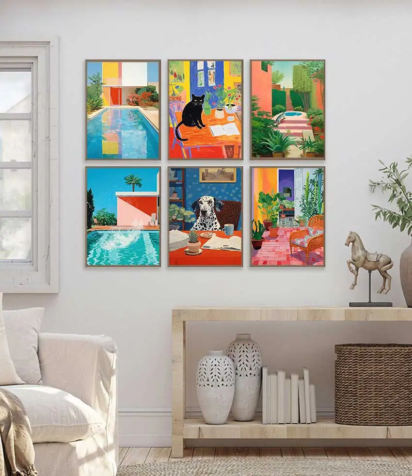 Vintage David Hockney Style 80s Illustration Swimming Pool Dog Cat Art Poster Canvas Painting Wall Art Prints Picture Home Decor