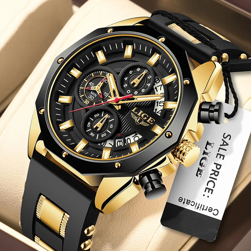 LIGE Mens Watches Fashion Business Watch Men Top Brand Luxury Silicone Sports Military Quartz Chronograph Relogios Masculino+BOX