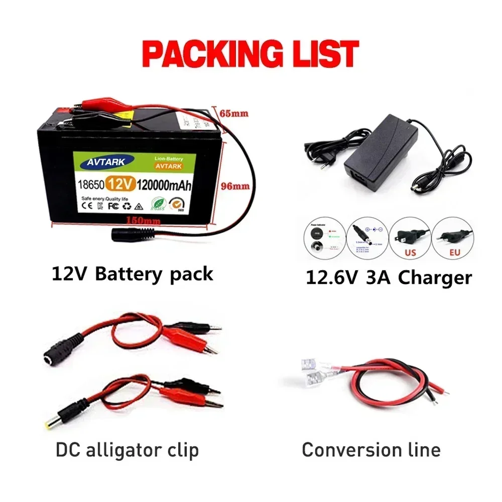 Batterie au lithium aste pour éclairage électrique, batterie de stockage solaire, chargeur 12V, 3A, 12V, 120A, 18650, 18650