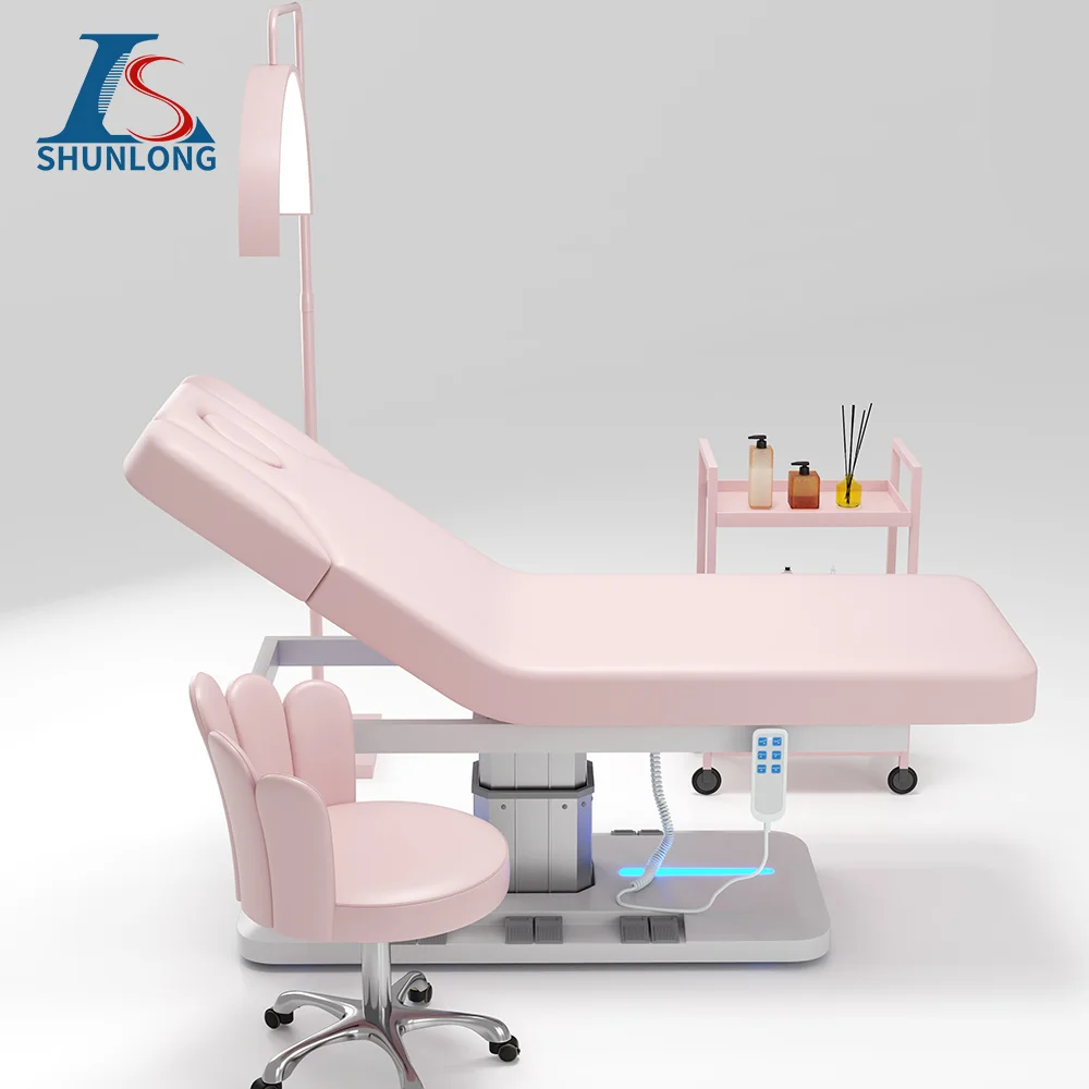 Electric Facial Bed Pink PU Single Aluminum Column Lift LED Light Reclining Beauty Massage Table With Pink Technician Chair and