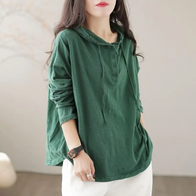 Women's Loose Casual Hooded Sweatshirt Retro Bamboo Joint Cotton Long-sleeved T-shirt Top