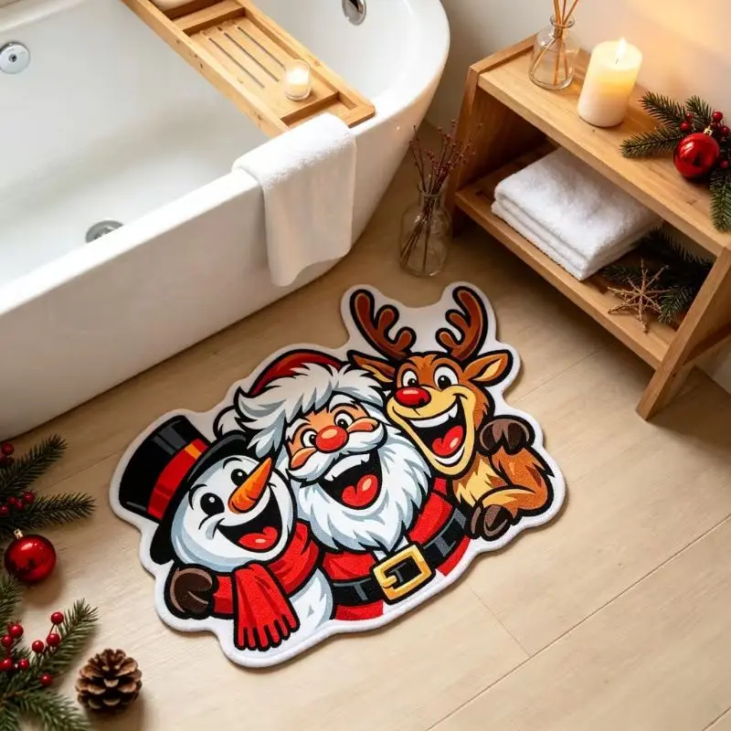VIKAMA Christmas Santa Reindeer Snowman Small Rug Cartoon Animal Shape Bedroom Bedside Floor Mat Winter Holiday Decor Gift