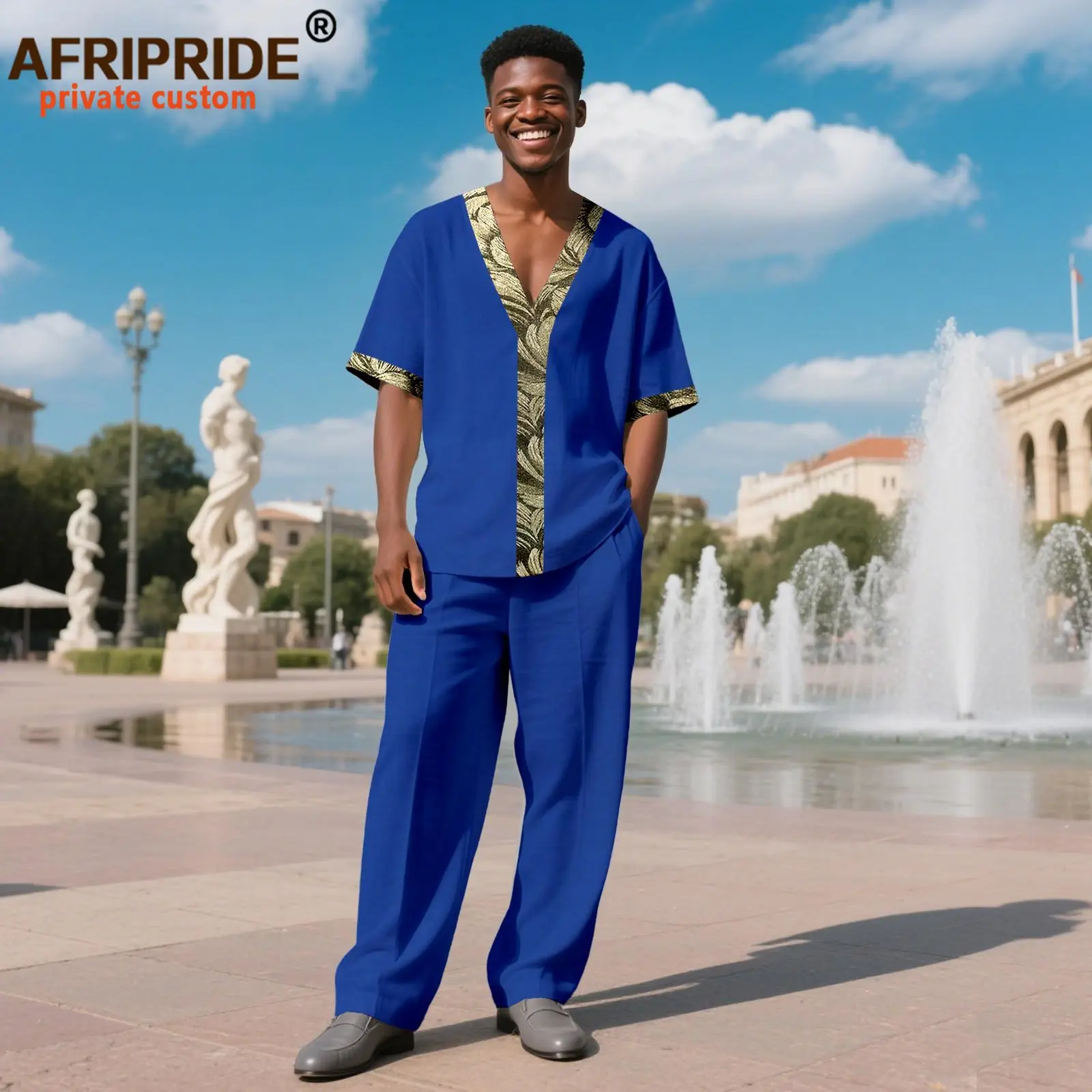 African Suits for Men Tracksuit Short Sleeve V-neck Embroidery Tops and Pants Set Plus Size Casual Outfits Ankara Attire 2516069