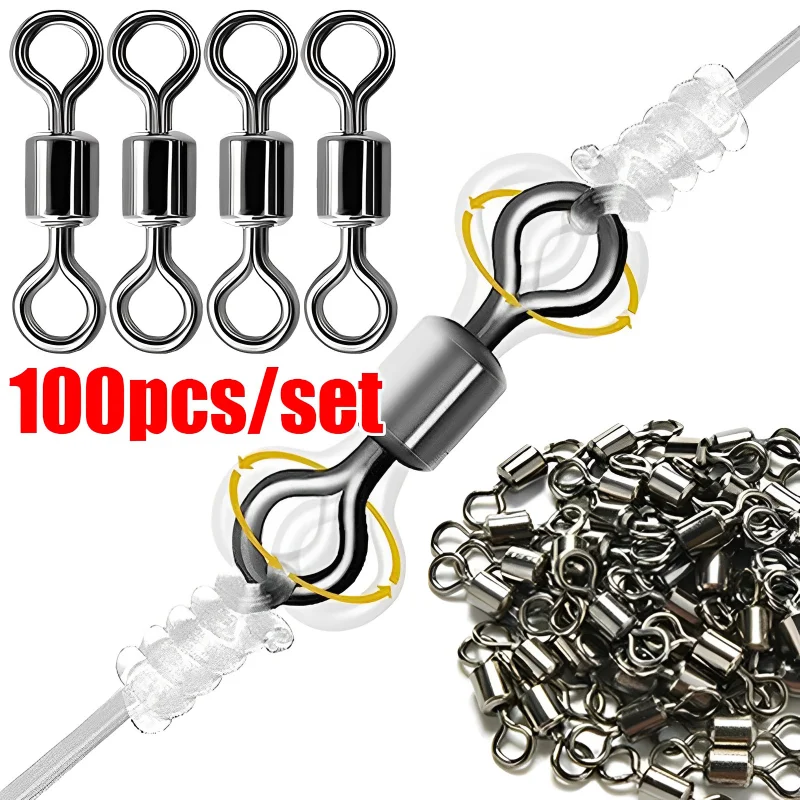 50/100pcs Fishing Connector Fishing Swivel Ball Bearing Snap Fishing Swivels Rolling Stainless Steel Bead Ring Hook Fishing Tool