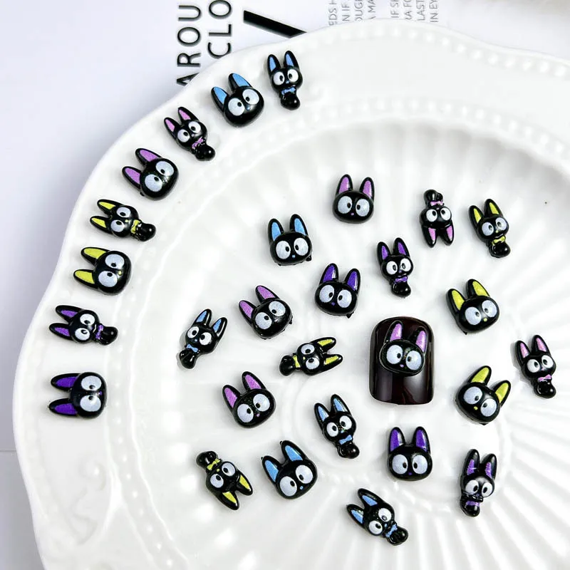 Little Black Cat Nail Art Decoração, desenhos animados bonitos, encantos para fazer desenhos de manicure DIY, orelha colorida de resina, 30pcs