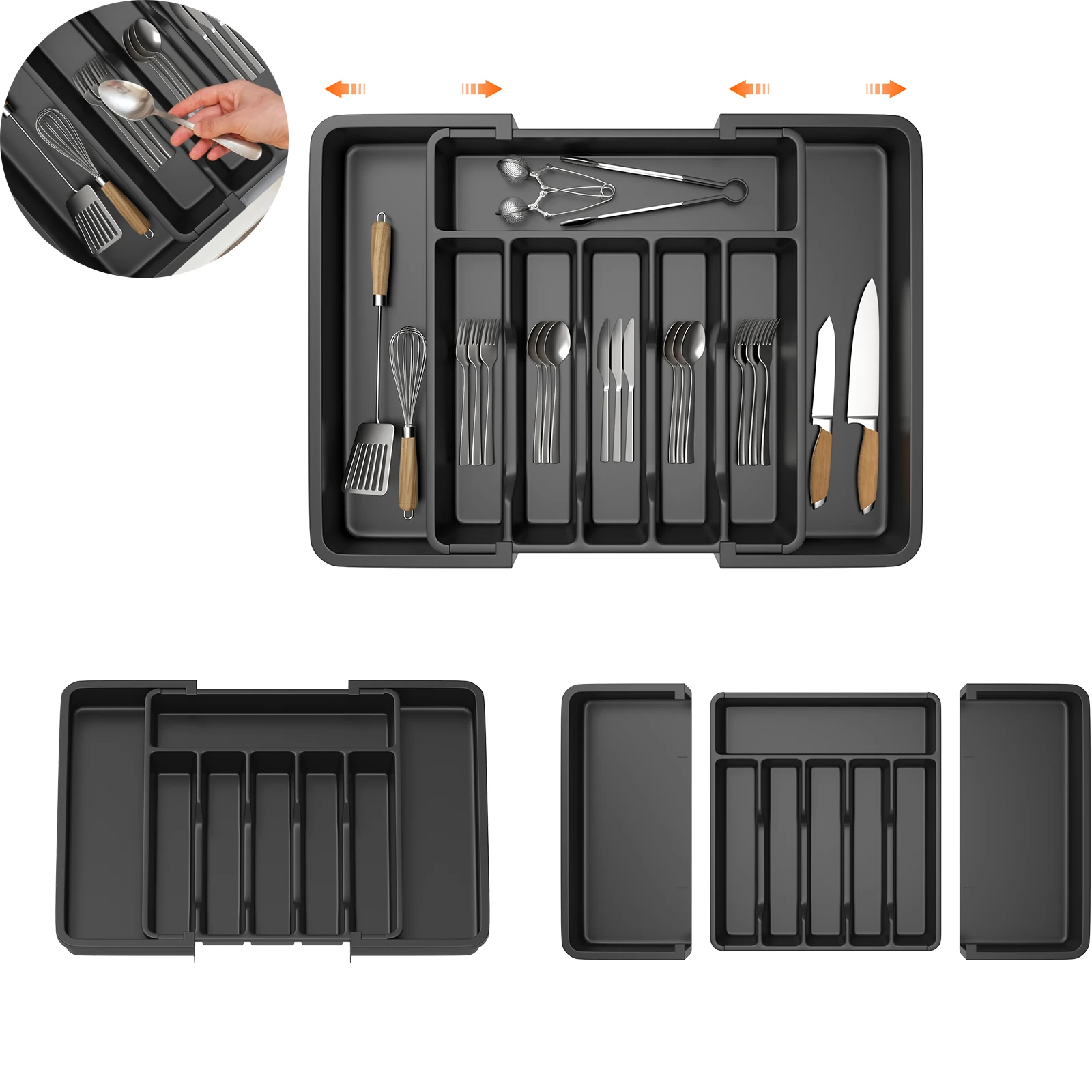 Erweiterbarer Besteckkasten-Organizer, 6-8 Fächer Besteckablage für Löffel, Gabeln, Kunststoff-Aufbewahrungsfach für Besteck & Utensilien