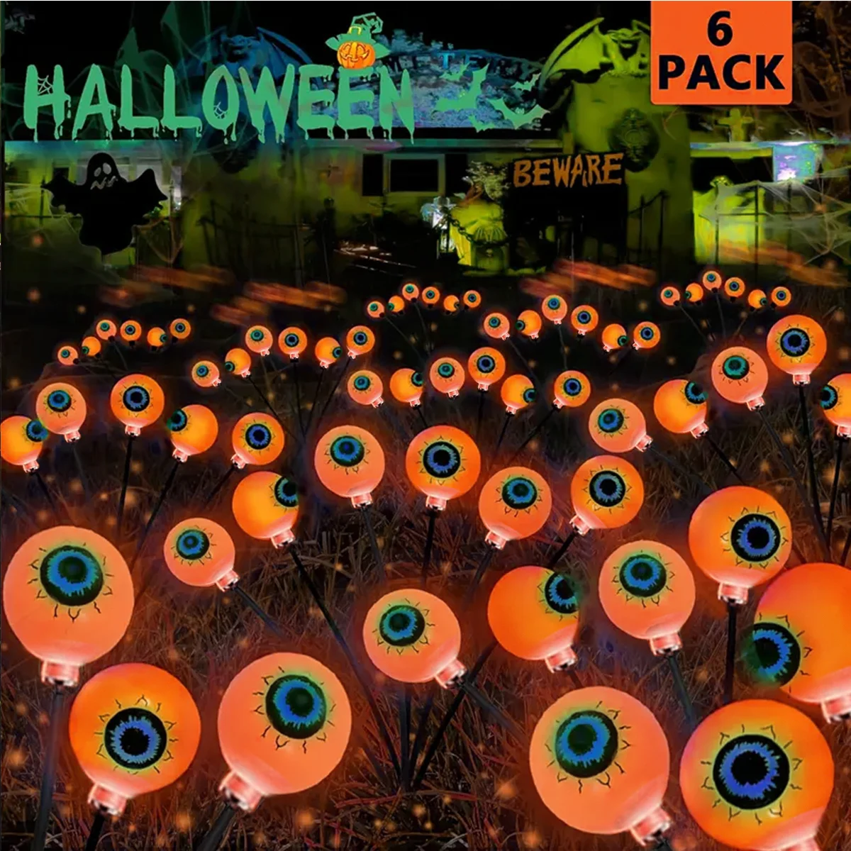 1PC Halloween Solar 6 LED  Firefly Lights With Eyeball Sway Outdoor Garden Waterproof 8 Modes For Home Yard Party Festival Decor