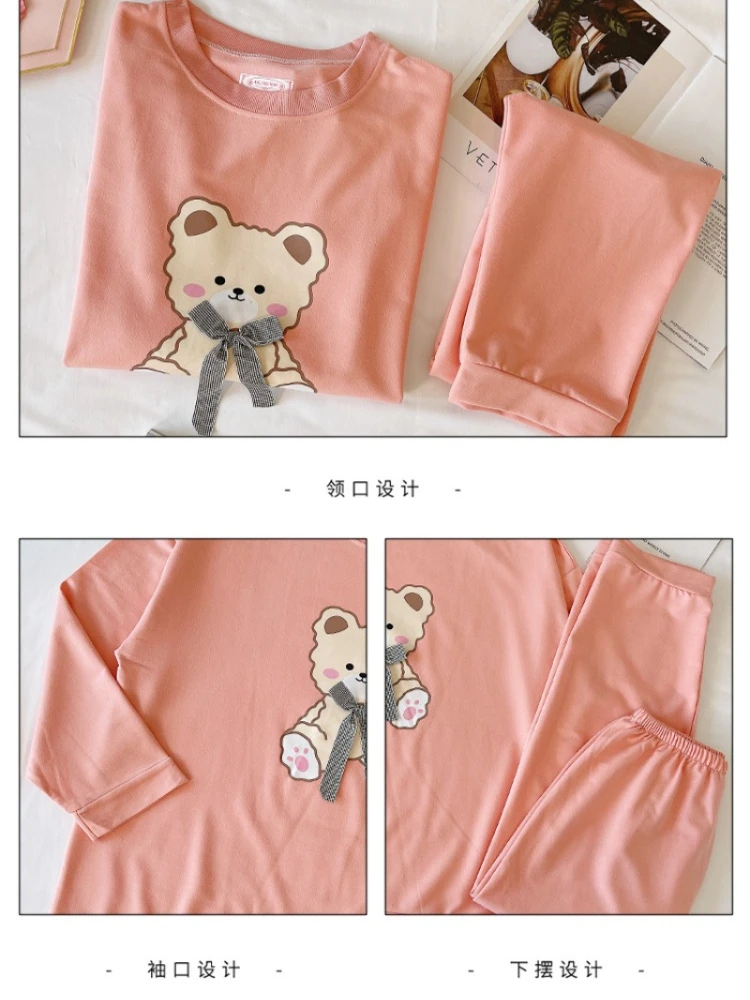 2XL-5XL Plus Size Cotton Sleepwear Women Korean Version Cartoon Long-sleeved Home Suit Loose Two-piece Set Can Be Worn Outside