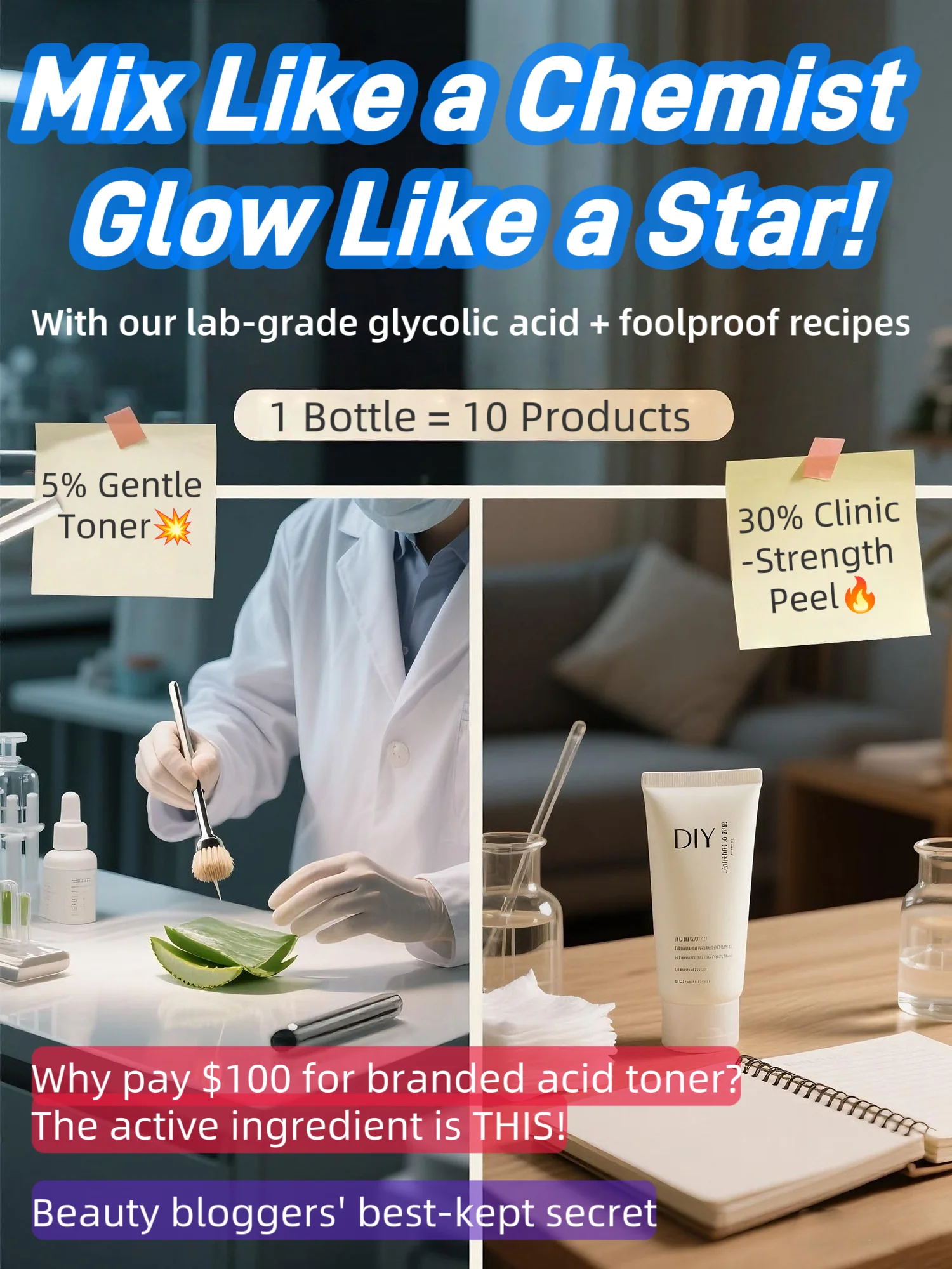 Glycolic Acid Powder Crystal, 99.9% Purity, Cosmetic Grade, DIY Glycolic Acid Mask, Make Your Own Glycolic Acid Lotion and Serum