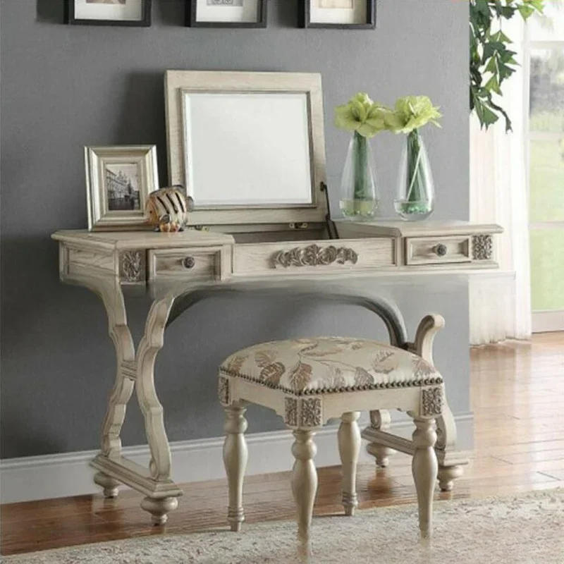 

American solid wood dresser custom furniture bedroom log old carved dressing table makeup table makeup stool combination