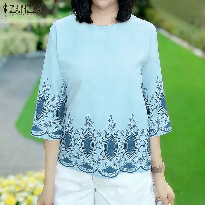 

ZANZEA Vacation Floral Printing Woman Blouses O-Neck 3/4 Sleeve Loose Tops Casual Lightweight Blusas de Mujer 2026 Spring Summer