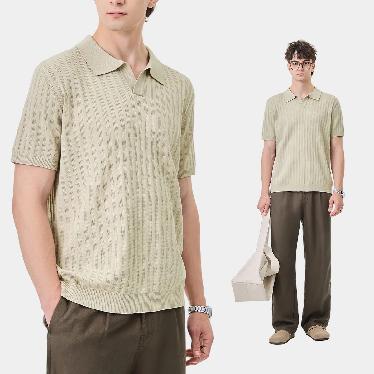 Summer Old Money Shawl Collar Textured Hollow Out Knit Polo Shirt Men's Casual Top