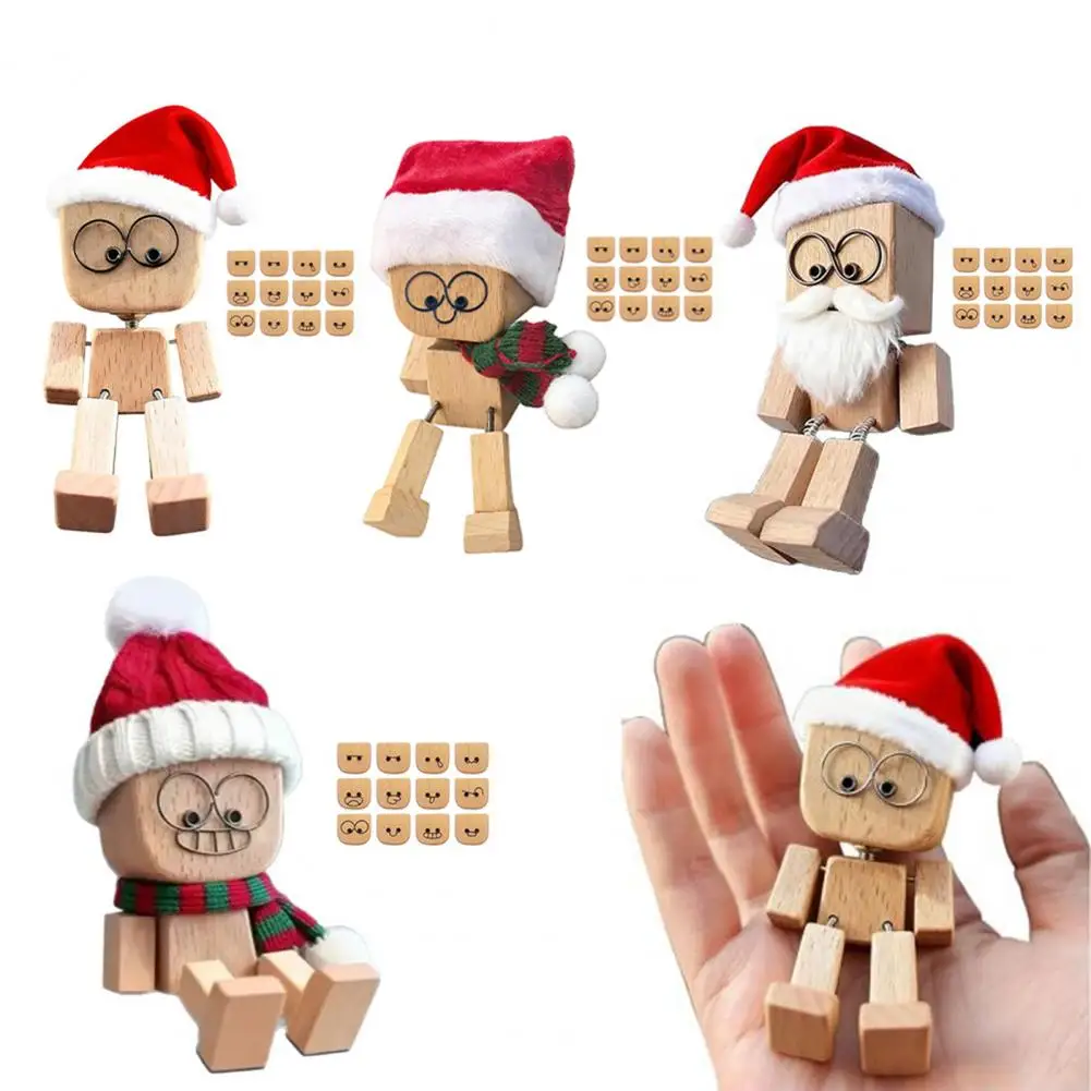 1 Set Christmas Shaking Wooden Man Wood Block Man Figurine with Shaking Legs 12 Magnetic Expressions Funny Santa Figurine