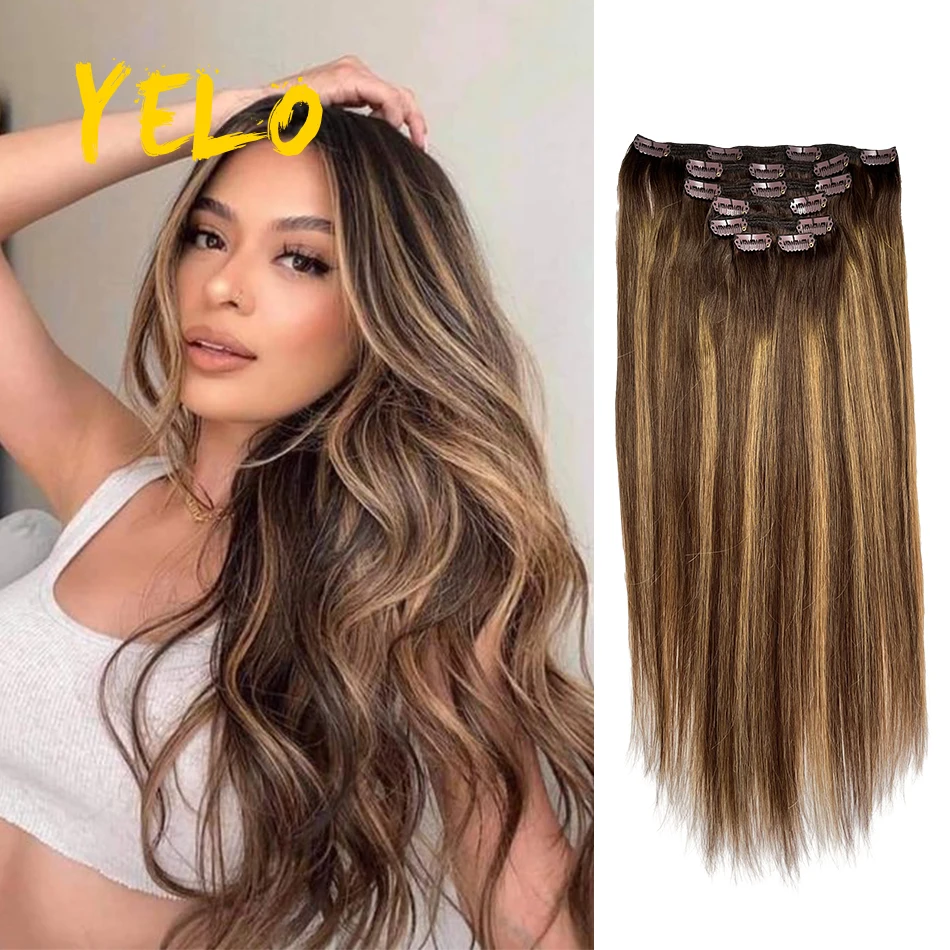 18 Inch Balayage Highlight Color T4-4-27 Clip In Human Hair Extension Invisible Long Straight Hairstyle Hairpieces For Thin Hair