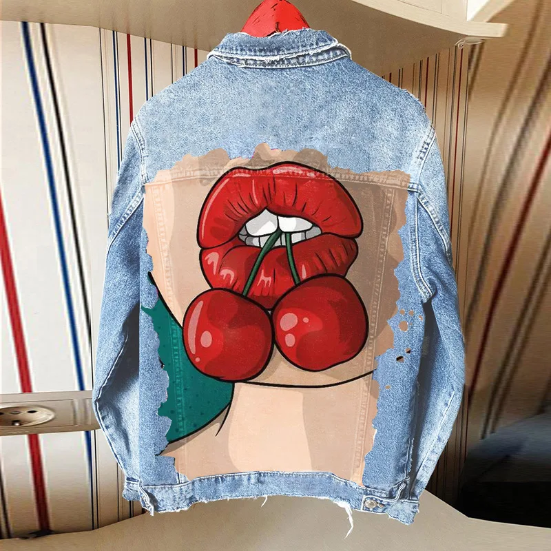 

Women's Denim Jacket 2024 Spring And Autumn New European And American Fashion Cherry Print Casual Large Size Denim Jacket