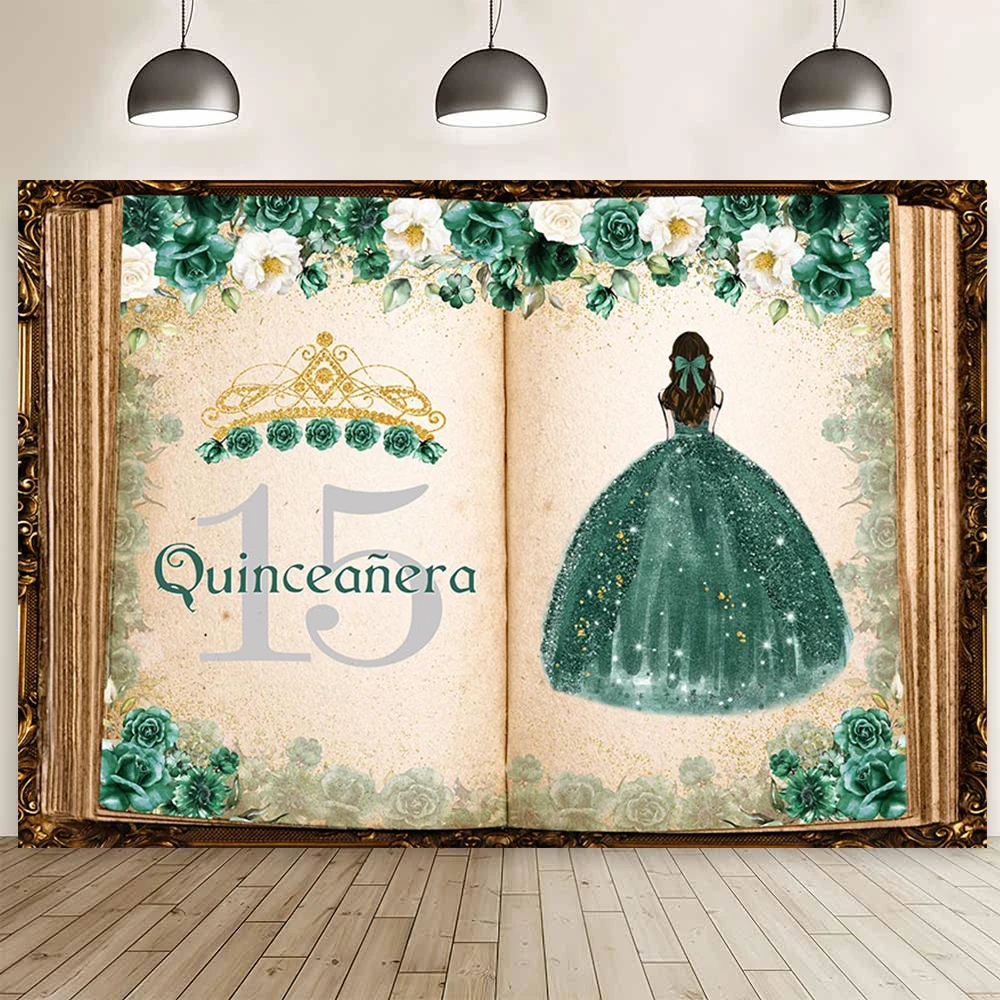 Quinceanera 15th Birthday Backdrop for Sweet Girl Party Decorations Fairy Tale Books Floral Crown Banner Photography Background