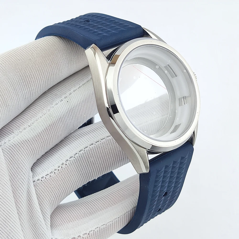 Custodia da 39 mm Custodia NH35 Custodia impermeabile in vetro zaffiro piatto Custodia con cinturino in caucciù Custodia da uomo di lusso adatta per custodia da 31 mm Custodia per orologio NH35