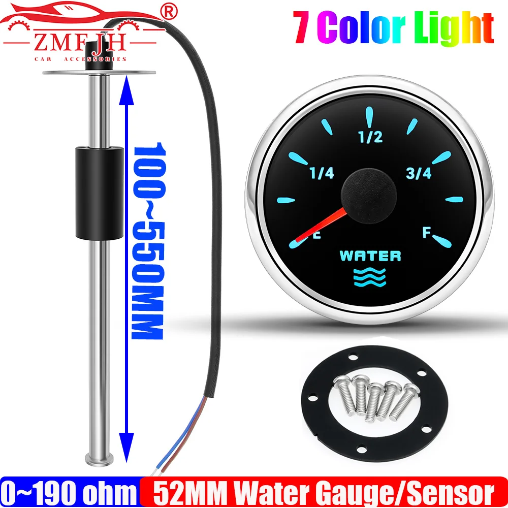 

ZMFJH Waterproof 52MM Water Level Gauge+Water Level Sensor 100-550MM Auto Car Boat 0-190ohm Water Tank Meter Indicator 7 Colors