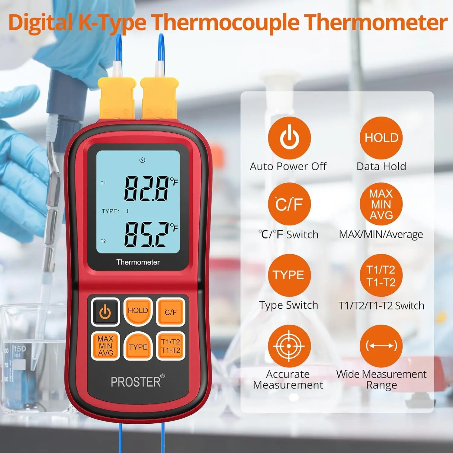 Digital Thermocouple Temperature Thermometer Dual Channel with Two K-Type Thermocouple Probe Backlight LCD for K J T E R S Type